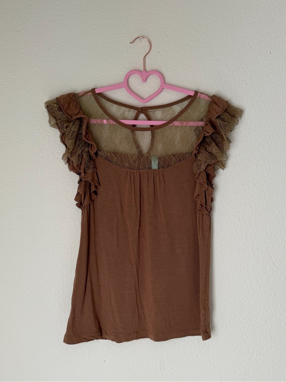 Brown Ruffle Sleeve Crochet Yoke Women's Top